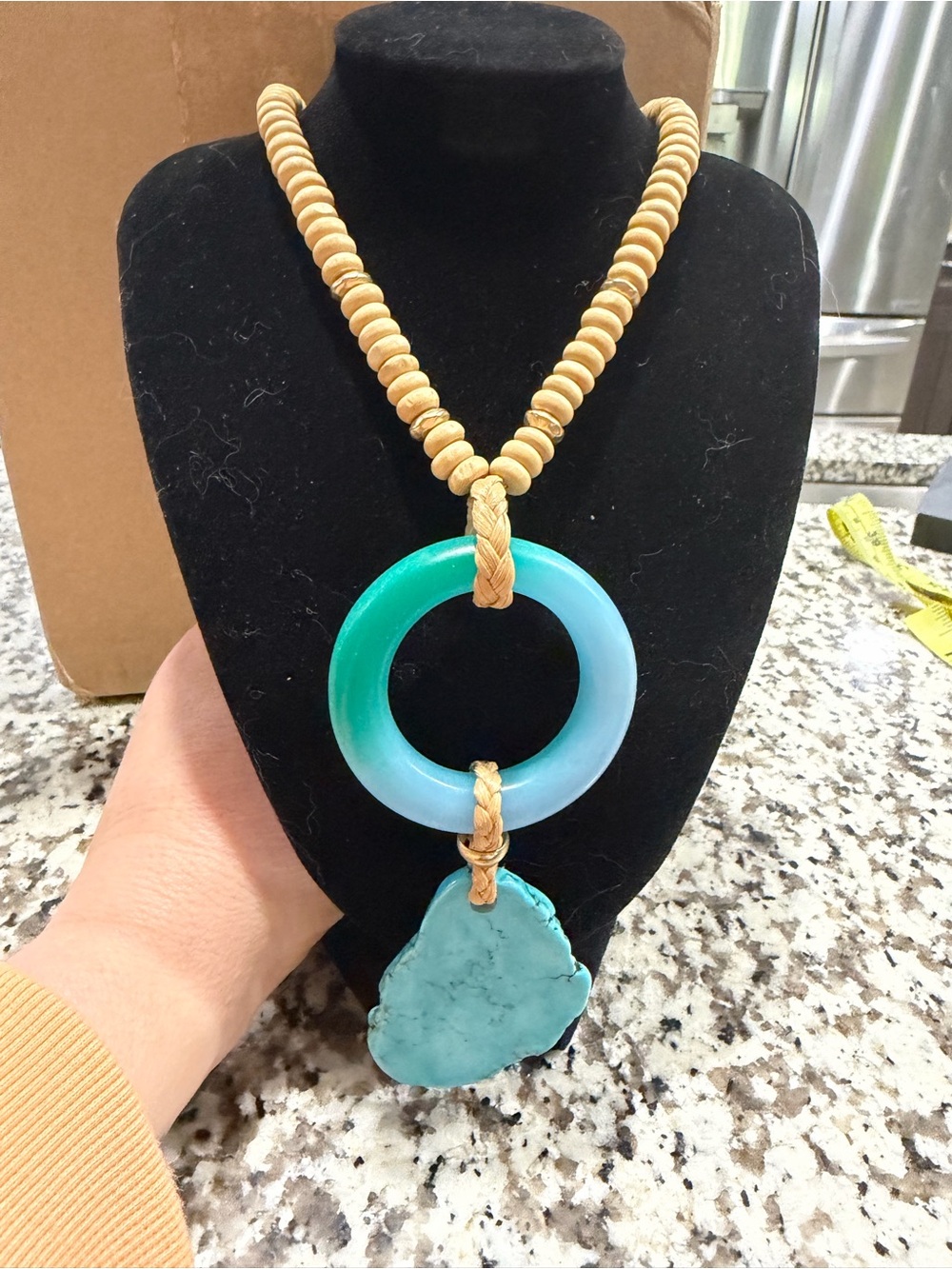 Chico's Turquoise and Tan Beaded Ring Pendant Necklace